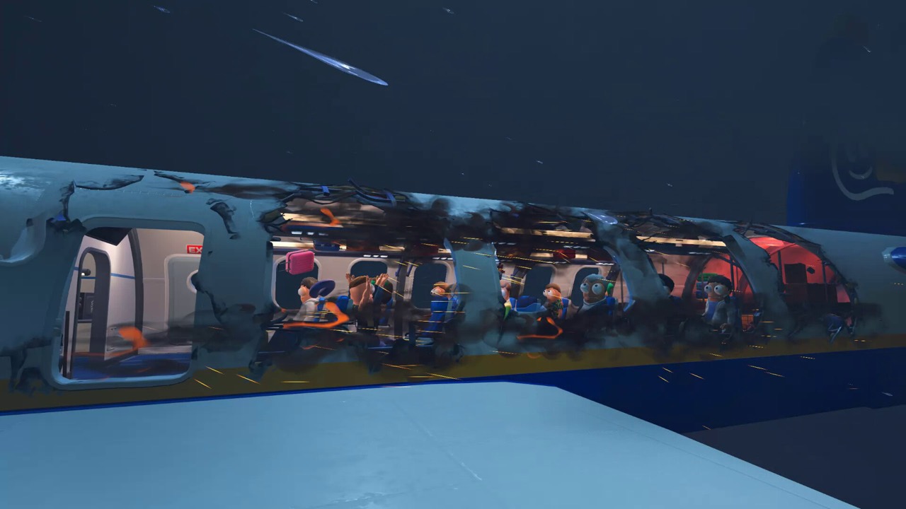 A damaged aircraft cabin with a broken fuselage and scattered passengers
